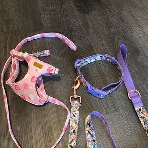 Top Paw Pink Strawberry Harness with Purple Floral Collar & Leash Set